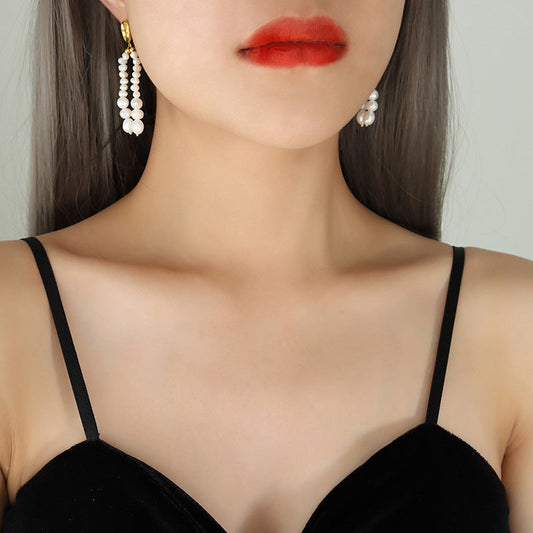 Genuine Freshwater Pearl Titanium Steel Morning Dew Earrings