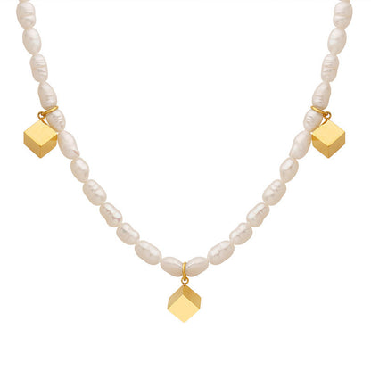 Collar de cubo mágico de acero y titanio con perla de agua dulce genuina