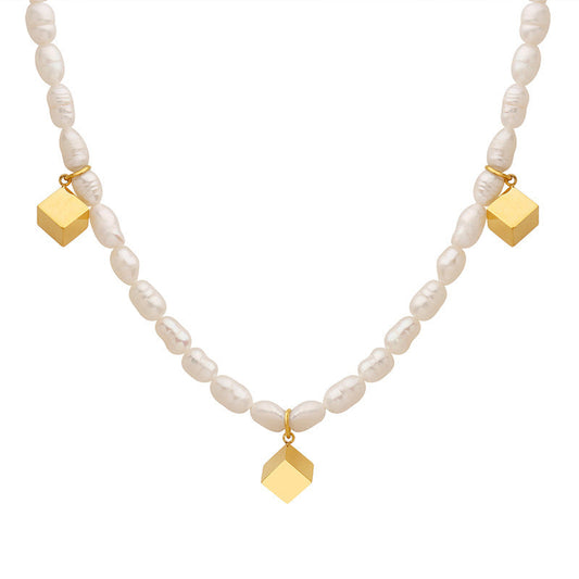 Collar de cubo mágico de acero y titanio con perla de agua dulce genuina