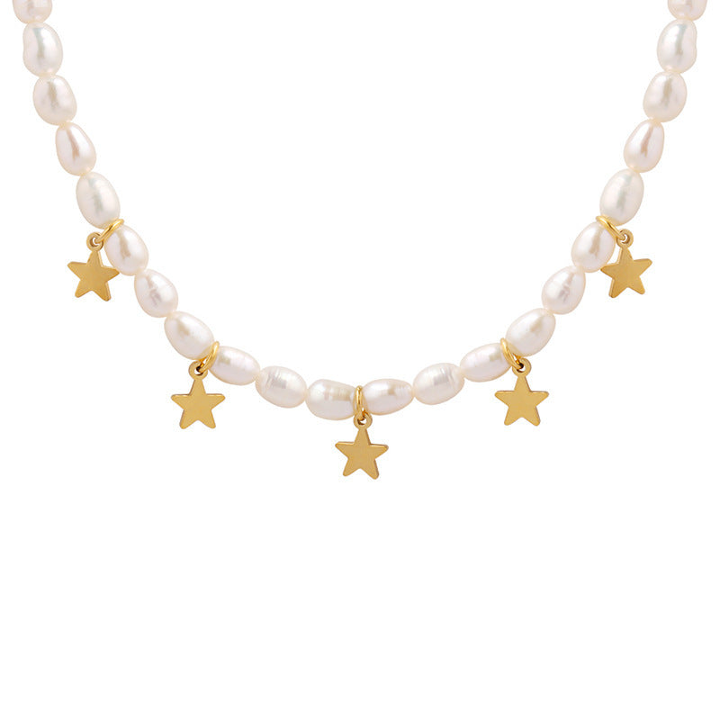 Collar de estrellas de acero y titanio con perlas de agua dulce auténticas