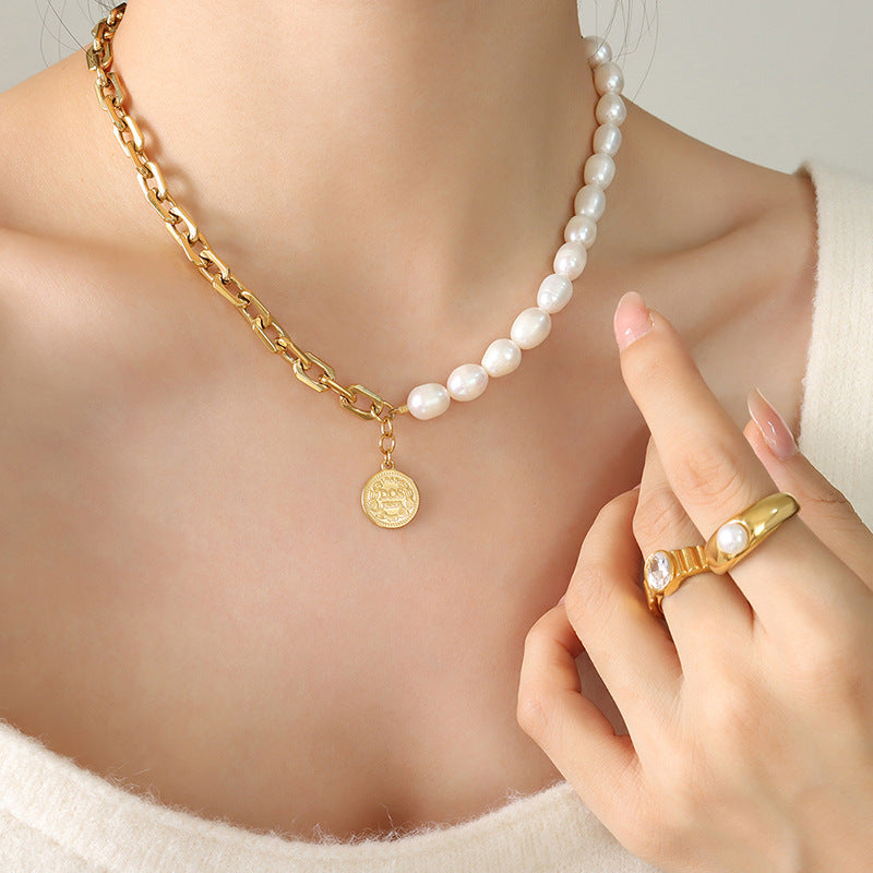 Genuine Freshwater Pearl Titanium Steel Goddess Necklace
