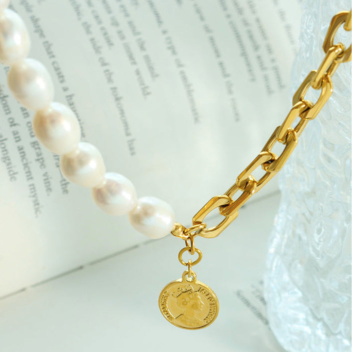 Genuine Freshwater Pearl Titanium Steel Goddess Necklace