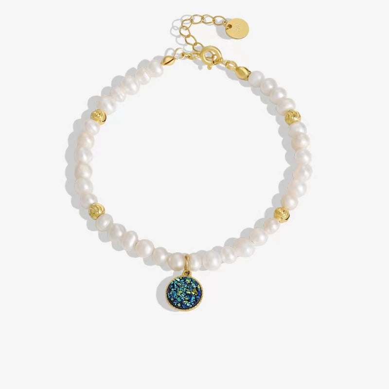 Pulsera de plata maciza S925 con perla barroca auténtica y noche estrellada