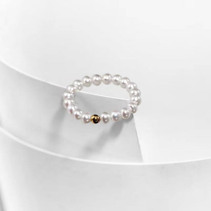 Anillo de arroz con perla de agua dulce genuina de oro macizo de 18 quilates