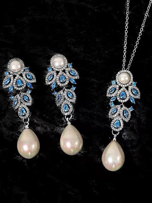 Genuine freshwater pearl blue diamond set - complete jewelry collection