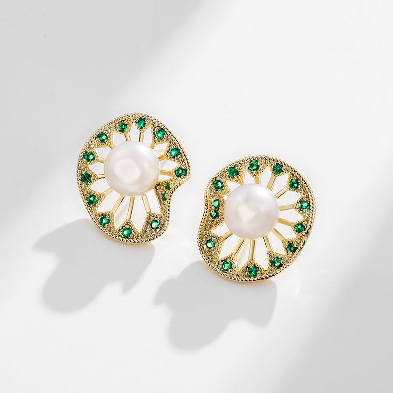 Boucles d'oreilles en perles d'eau douce véritables et feuilles de lotus