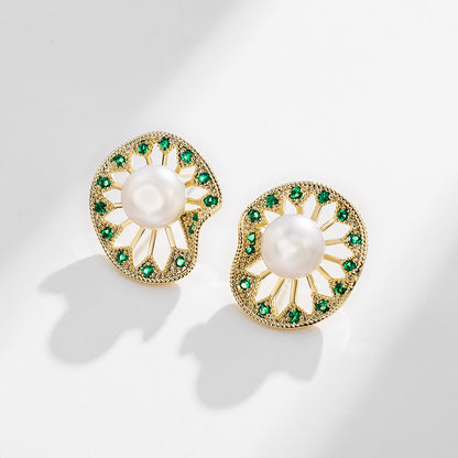 Boucles d'oreilles en perles d'eau douce véritables et feuilles de lotus