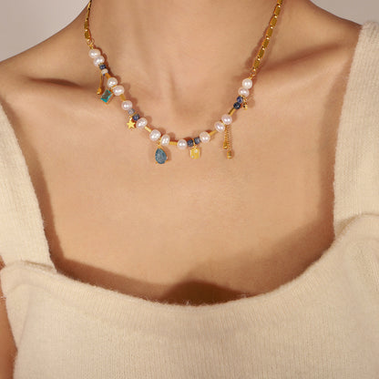 Genuine Freshwater Pearl Titanium Steel Blue Dream Necklace