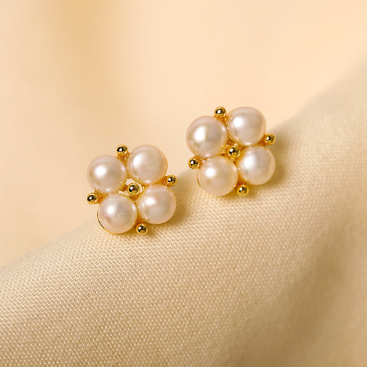 Genuine Freshwater Pearl Solid 925 Silver Cloveré Earrings