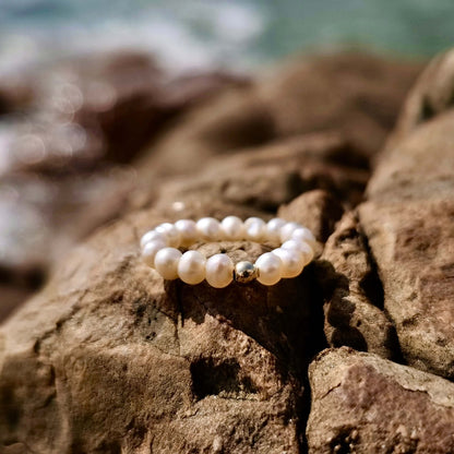Anillo de arroz con perla de agua dulce genuina de oro macizo de 18 quilates