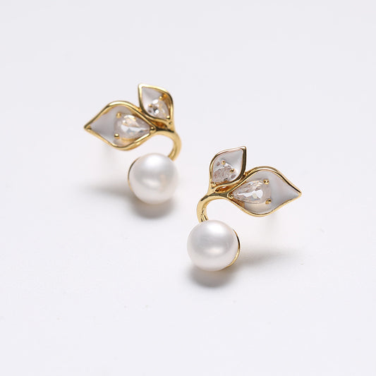 Genuine Freshwater Pearl Solid 925 Silver Leaf Grace Earrings