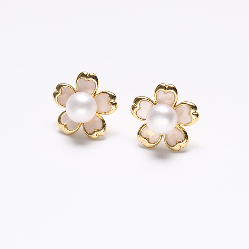 Genuine Freshwater Pearl Solid 925 Silver Sakura Earrings