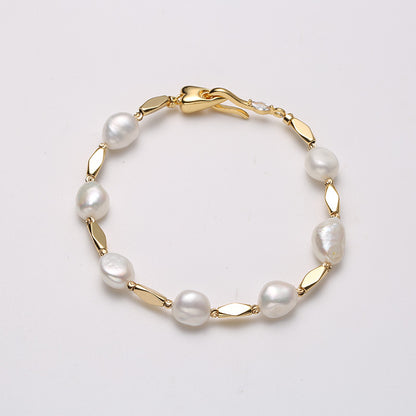Baroque Freshwater Pearl & Rhombus Alloy Bracelet