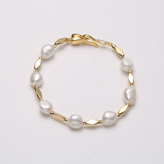 Baroque Freshwater Pearl & Rhombus Alloy Bracelet