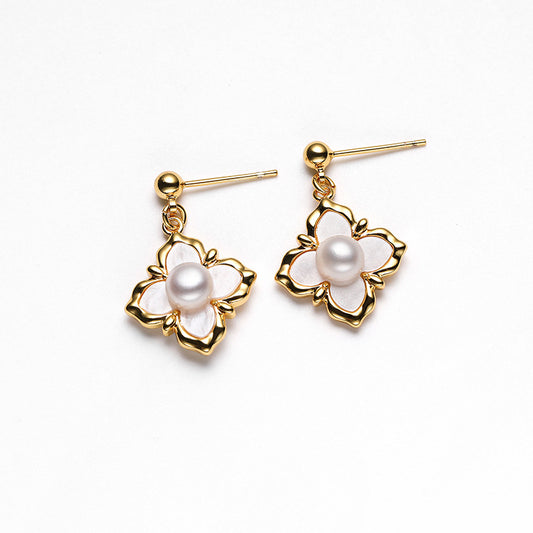 Genuine Freshwater Pearl Solid 925 Silver Fleur Earrings