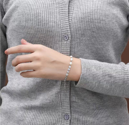 Pulsera de tres deseos de plata maciza S925 con perlas de agua dulce genuinas