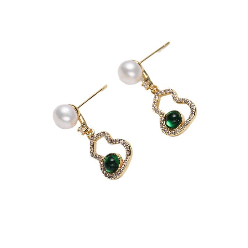 Pendientes de calabaza con esmeralda y perla de agua dulce auténtica de plata maciza S925