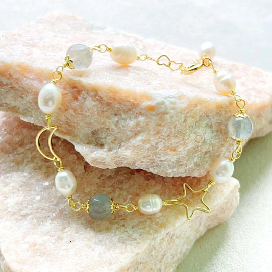 Pulsera Luna de piedra lunar y perla de agua dulce