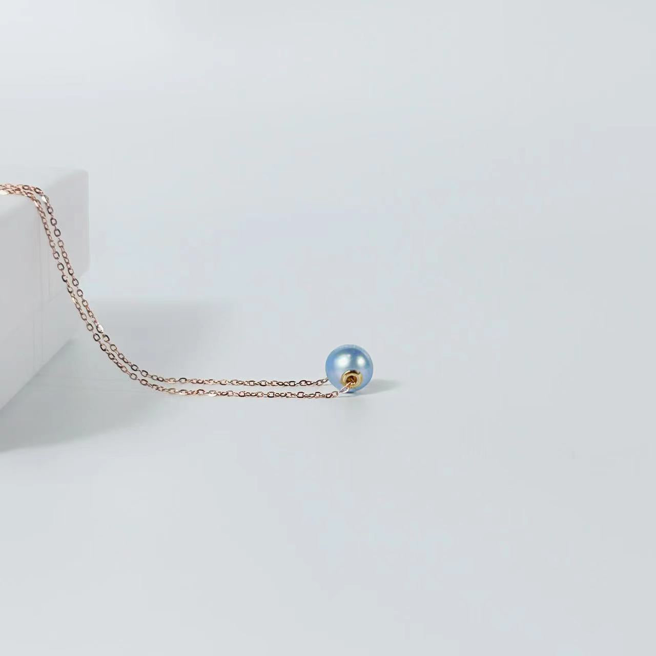 Collar de rosa azul caramelo flotante con perla de agua dulce genuina de oro macizo de 18 quilates