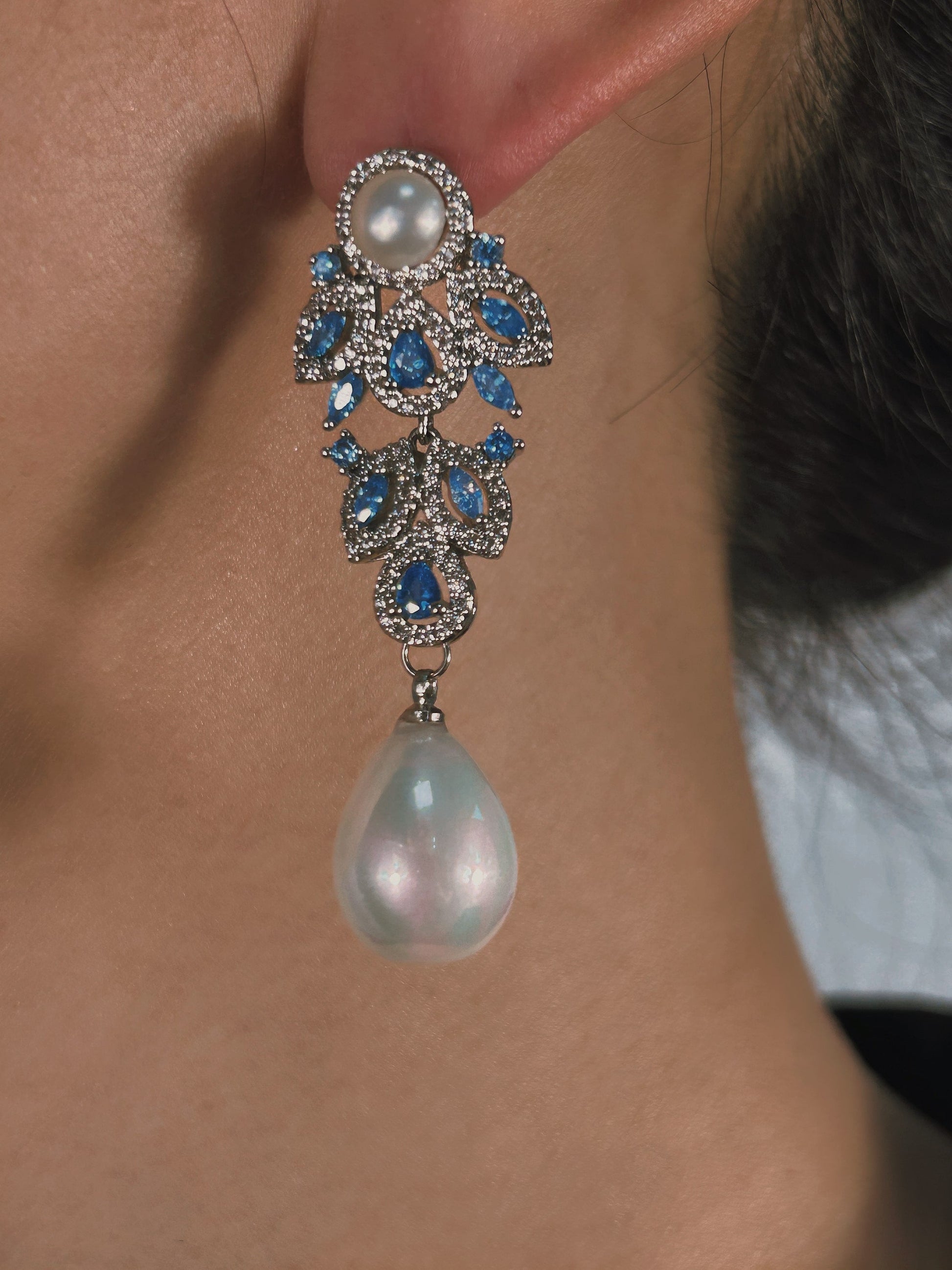 Genuine freshwater pearl blue diamond earrings - wearing view