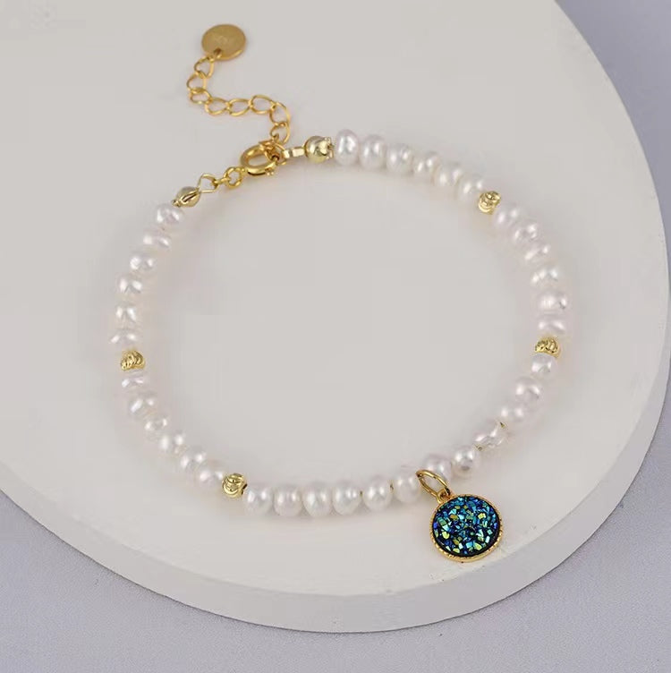 Pulsera de plata maciza S925 con perla barroca auténtica y noche estrellada