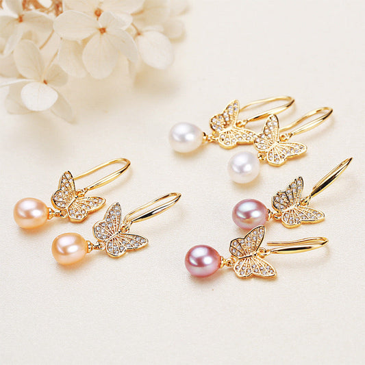 Boucles d'oreilles papillon dorées en laiton plaqué or 18 carats avec véritable perle d'eau douce