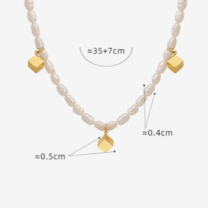 Collar de cubo mágico de acero y titanio con perla de agua dulce genuina