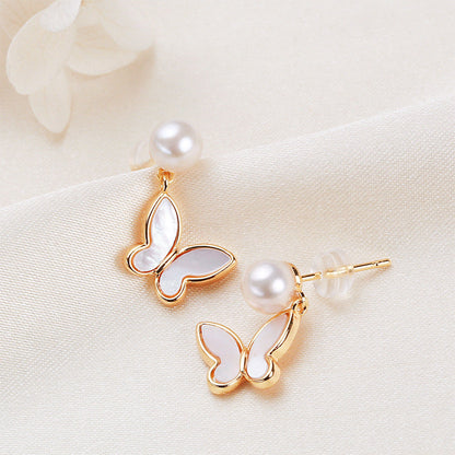 Pendientes de mariposa con perlas de agua dulce genuinas de plata maciza S925