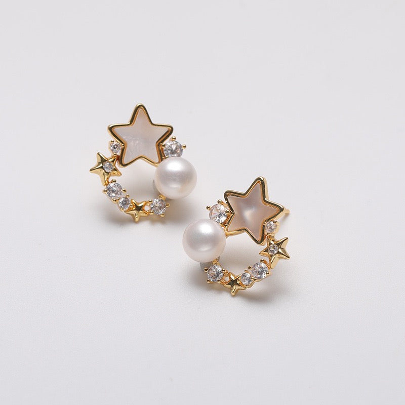 Pendientes de luna y estrella de plata maciza S925 con auténtica perla de agua dulce
