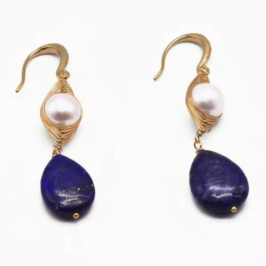 Boucles d'oreilles en perles d'eau douce baroques véritables et œil de lapis-lazuli (édition limitée)