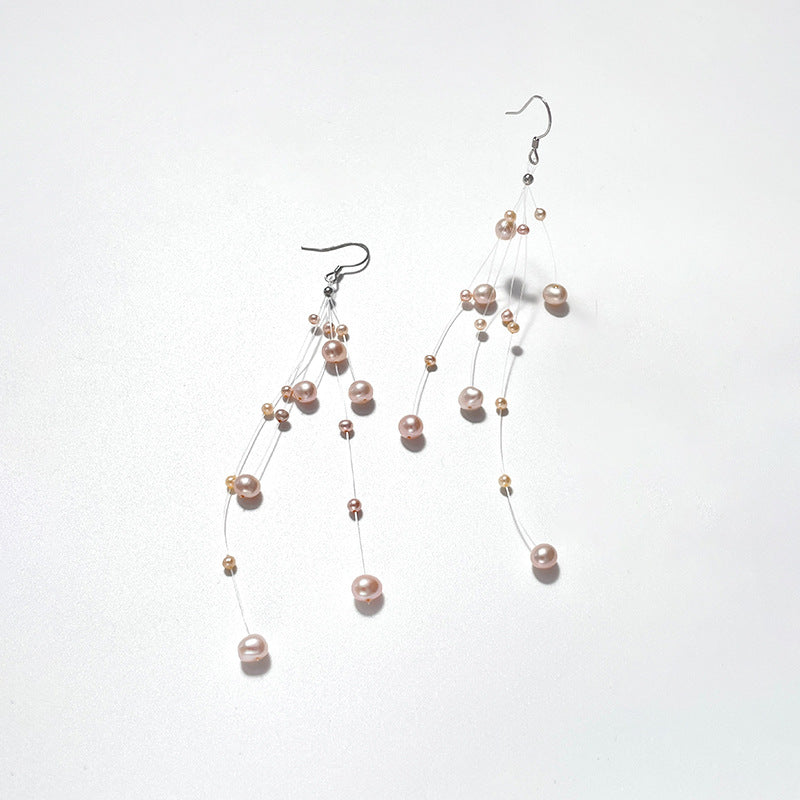 Genuine Freshwater Pearl Solid 925 Silver Stardust Tassel Earrings