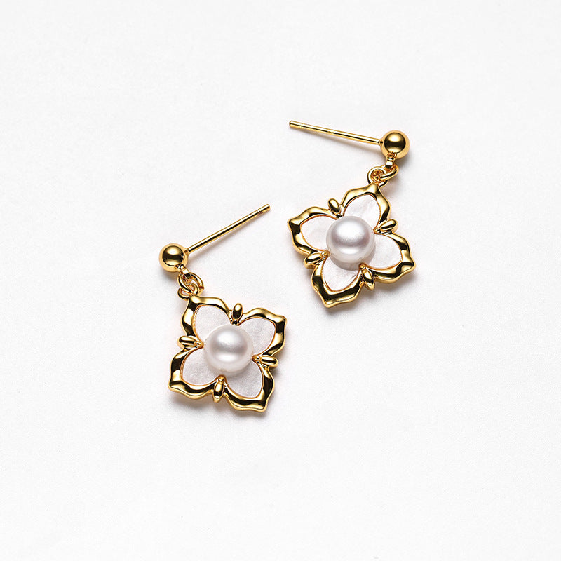Genuine Freshwater Pearl Solid 925 Silver Fleur Earrings