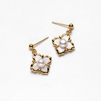 Genuine Freshwater Pearl Solid 925 Silver Fleur Earrings