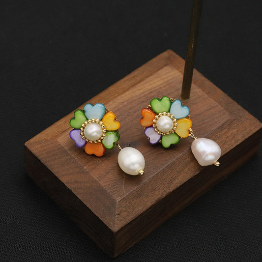 Boucles d'oreilles en perles baroques d'eau douce véritables, motif trèfle arc-en-ciel (édition limitée)