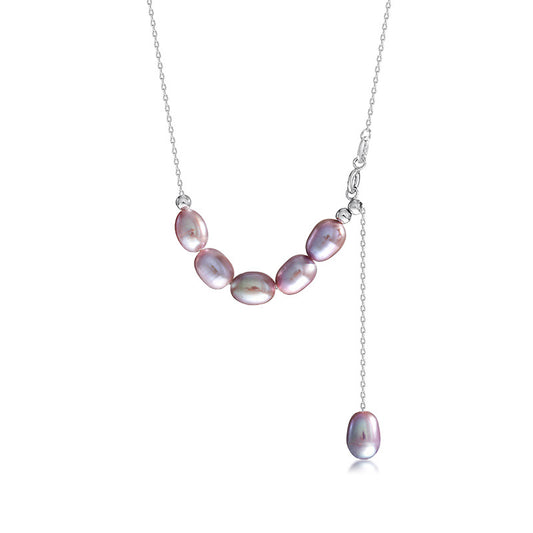 S925 Silver Asymmetric Freshwater Pearl Drop Necklace  – Elegant Collarbone Chain