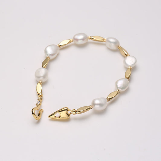 Baroque Freshwater Pearl & Rhombus Alloy Bracelet