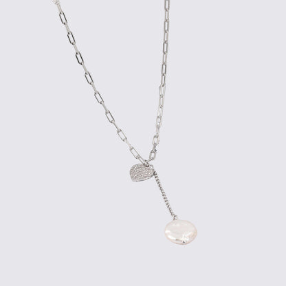 Collar de corazón de la suerte de plata maciza S925 con perla barroca auténtica