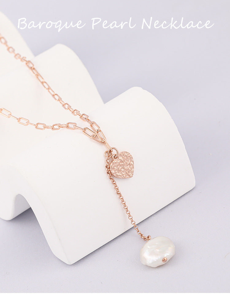 Collar de corazón de la suerte de plata maciza S925 con perla barroca auténtica