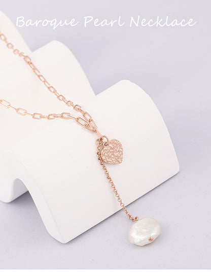 Collar de corazón de la suerte de plata maciza S925 con perla barroca auténtica