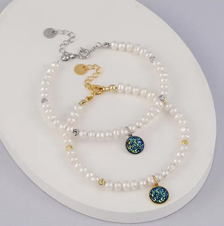 Pulsera de plata maciza S925 con perla barroca auténtica y noche estrellada