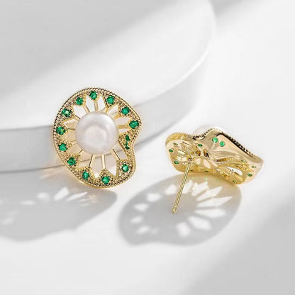Boucles d'oreilles en perles d'eau douce véritables et feuilles de lotus