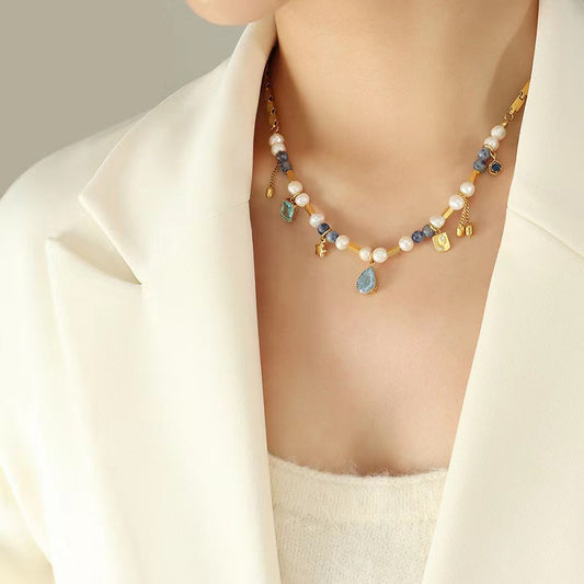 Genuine Freshwater Pearl Titanium Steel Blue Dream Necklace