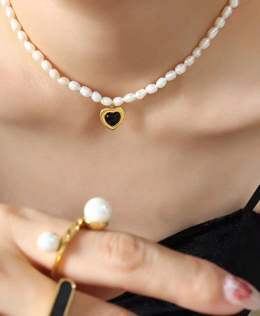 Genuine Freshwater Pearl Titanium Steel Cool Heart Necklace