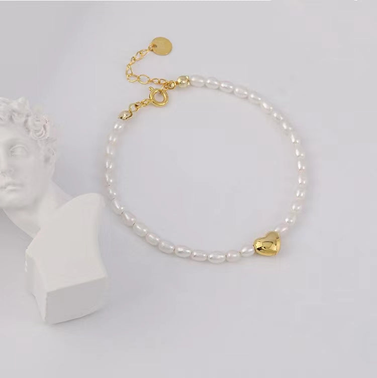 Pulsera de plata maciza S925 con forma de corazón y perlas de agua dulce auténticas