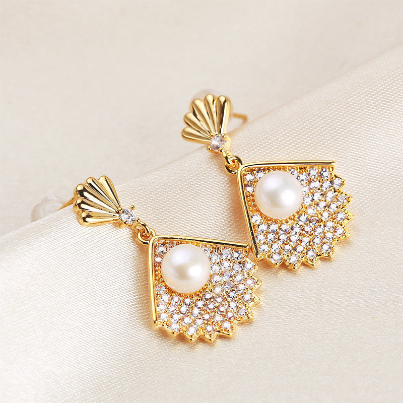 Brass Plated with 18K Gold Genuine Freshwater Pearl Fan Shell Earrings