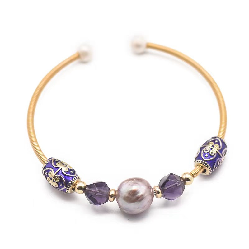Bracelet en véritable perle d'eau douce baroque violette et améthyste (édition limitée)
