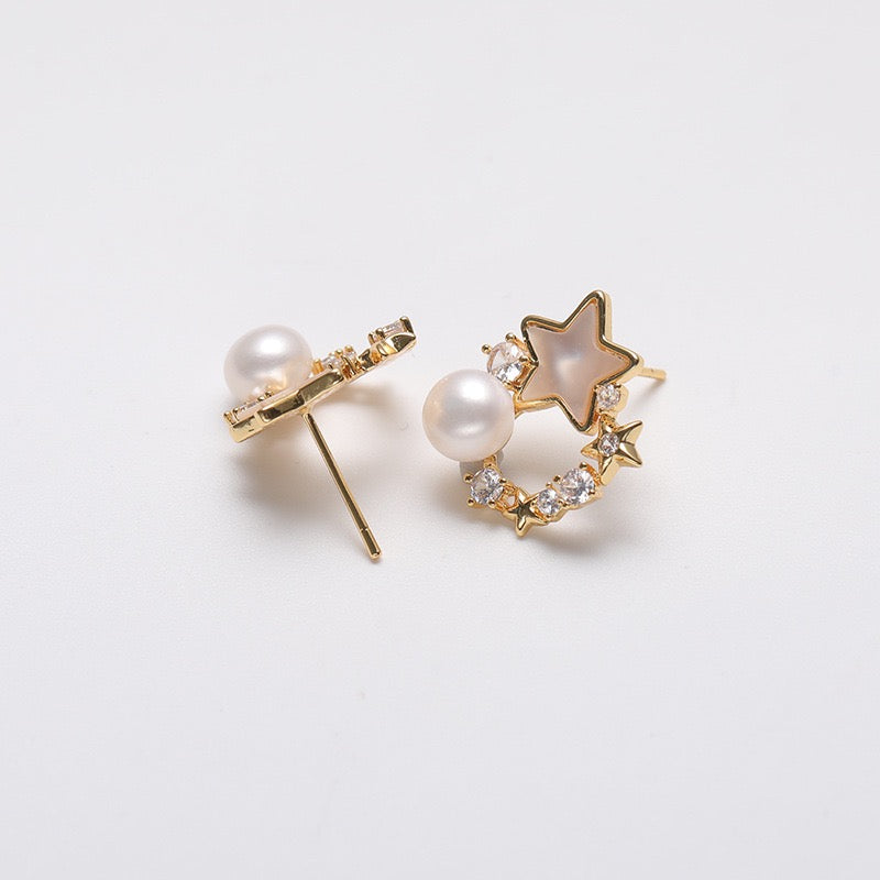 Pendientes de luna y estrella de plata maciza S925 con auténtica perla de agua dulce