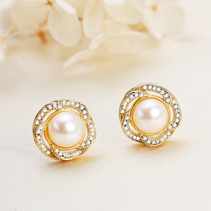 Conjunto de rocío de rosa con perla de agua dulce genuina bañada en oro de 18 quilates