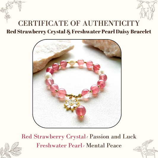Pulsera de margaritas con cristales de fresa roja y perlas de agua dulce