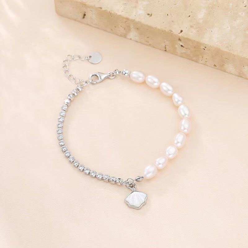 Pulsera de concha de plata maciza S925 con perla de agua dulce genuina